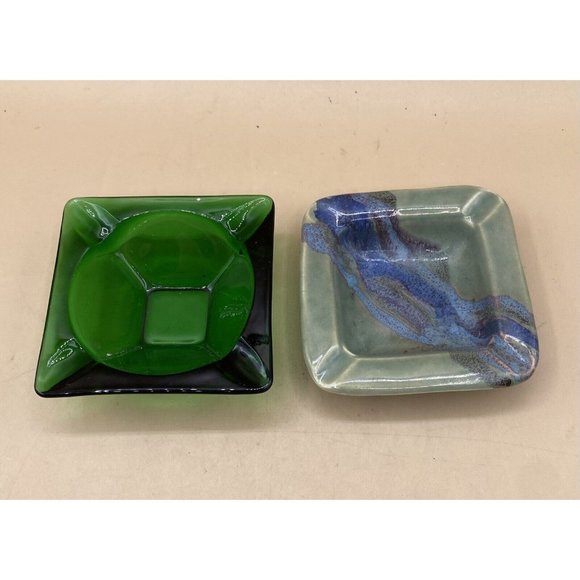 Square Anchor Hocking Green Forest Glass Ashtray & Ceramic LOT 2 - Picture 1 of 15